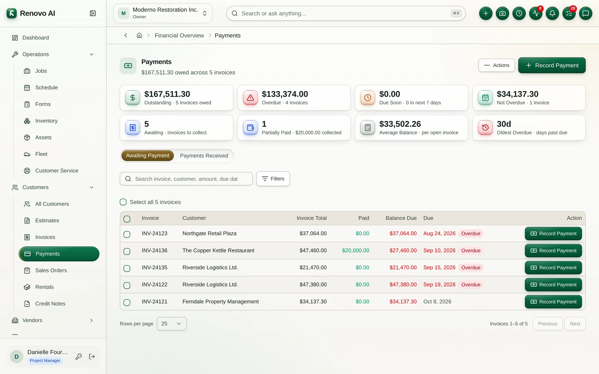 The Payments screen: what is owed, what came in, and who to chase