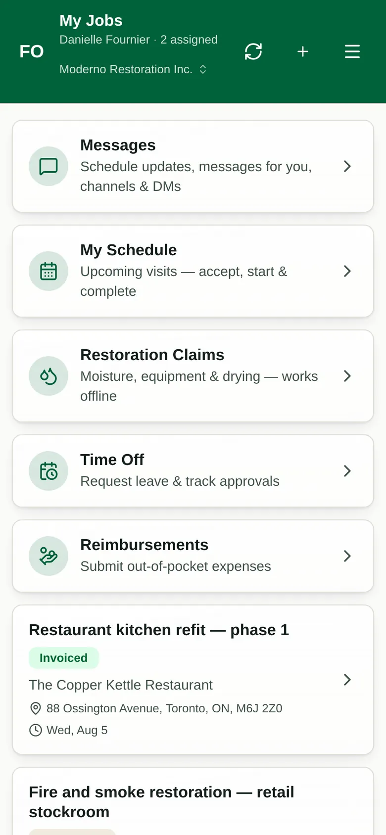 The technician app's home: messages, schedule, claims and time off