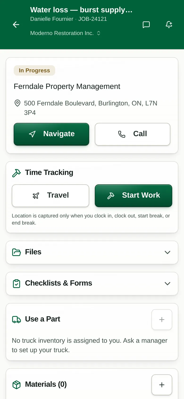 A job in the technician app: navigate, call, and start work